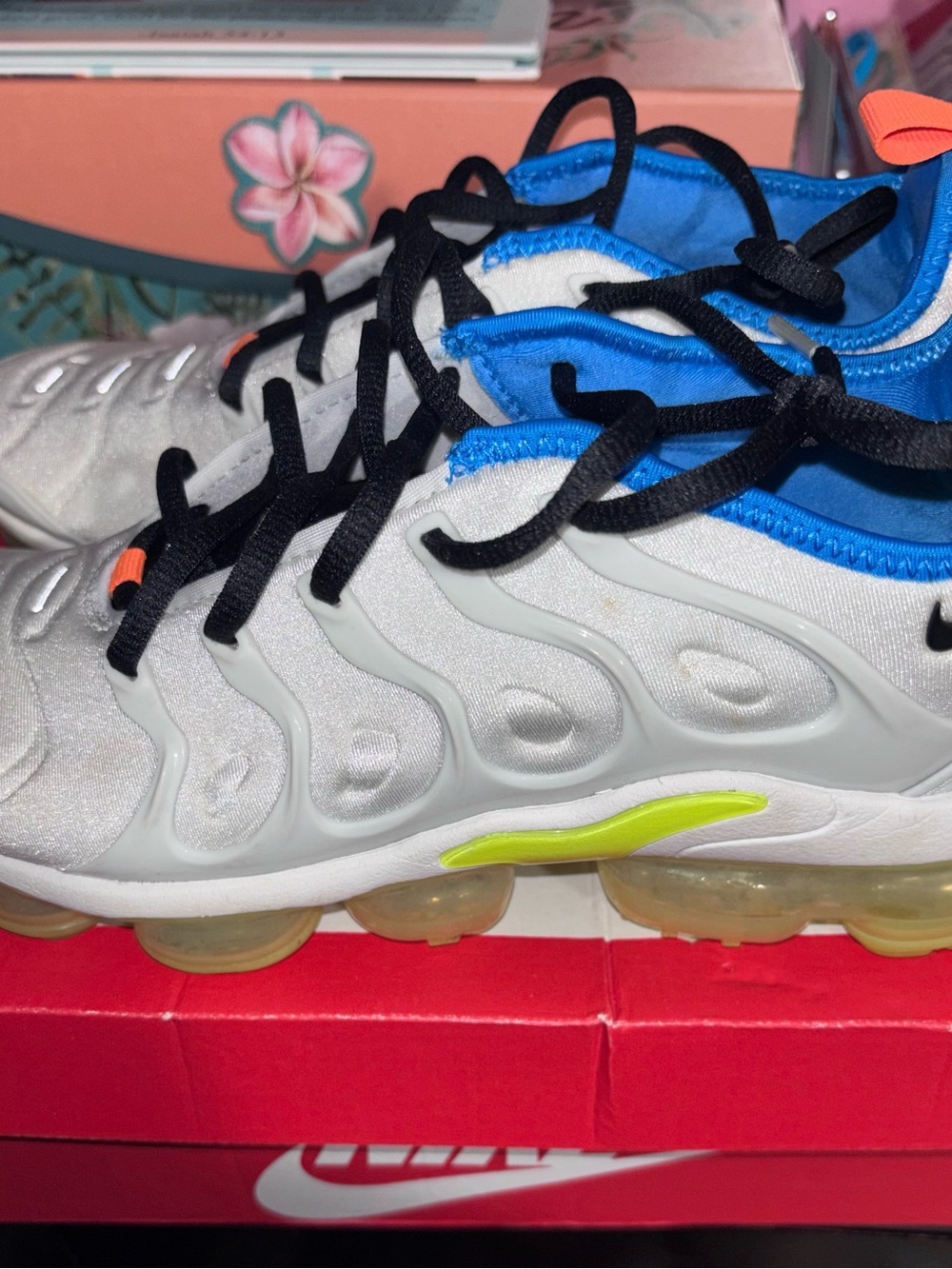Nike Kids Grey, Blue and Neon Yellow Sneakers